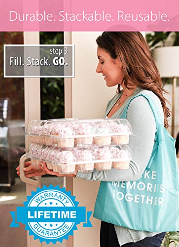 (24 Pack x 4 Sets) STACKnGO Carrier Holds 24 Standard Cupcakes - Strongest Cupcake Boxes, Tall Dome Detachable Lid, Clear Plastic Disposable Containers, Storage Tray, Travel Holder, Regular Muffins
