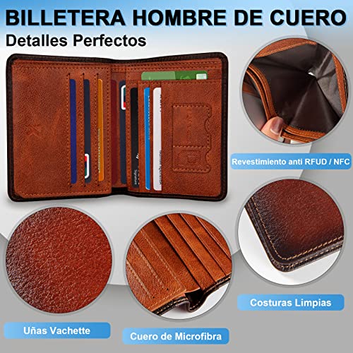 Portefeuille Homme, Kaisangtu Porte Carte De Credit en Cuir Véritable Anti RFID/NFC 11 Emplacements pour Carte Crédit, 2 Compartiment à Billets Support de Carte d\'identité avec Boîte Cadeau (Brun)