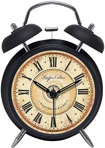 Foyou Retro Metal Analog Quartz Silent Twin Bell Alarm Clock with Nightlight and Loud Alarm ( Roman Numerals, Black )