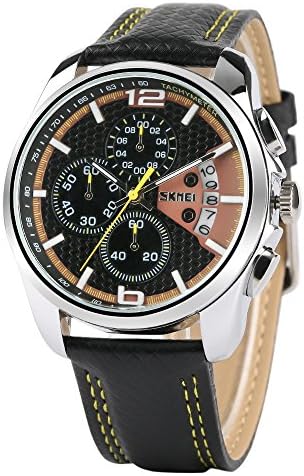 Military Chronograph Stopwatch with Date Display, Men's Leather Band Waterproof Sports Quartz Wrist Watch Black + Yellow