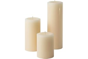 Mister Candle Ivory Unscented Dripless Candles Set of 3, 3 Inch Diameter, Hand Poured, Premium Wax, Decorative Pillar Candles (3" x 4", 3" x 6", and 3" x 9", Ivory)