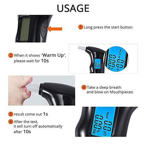 Alcohol Breathalyzer Tester, Professional Portable Semiconductor Digital Alcohol Tester Highly-Accurate Result Digital Blood Breath Tester with 5 Mouthpieces