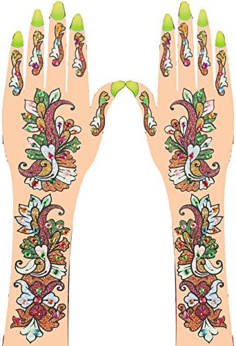 Kajiree - Authentic multicolored Glittered & Rhinestone Studded With Colorful Different Shaped Diamonds Jewels Temporary Body & Hand Tattoo Stickers Long Hand Pair
