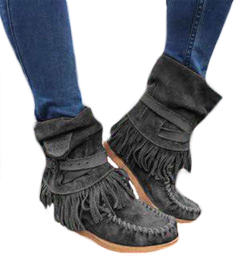 Women's Western Ankle Boots Tassels Suede Flat Low Heel