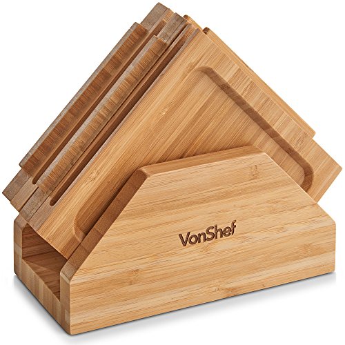 VonShef Jigsaw Platter Cheese Board with Display Stand, Natural Bamboo Wooden Charcuterie and Meat Serving Boards, 4 Connecting Coaster Plates Included, H6 X W6 X D0.5 Inches