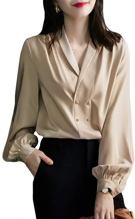 Amazon カイヤス シャツ レディース レトロ ｖネック パフスリーブ Ol エレガント 着痩せ シンプル 体型カバー ゆったり 長袖 普段着 通勤 杏色 3xl シャツ ブラウス 通販