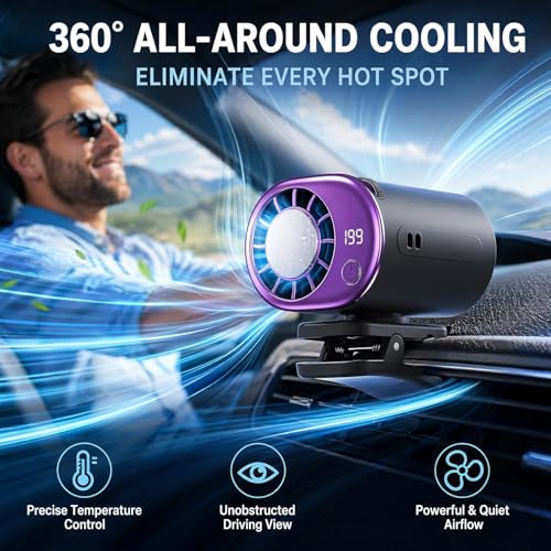 Car Clip on Air Conditioner Fan, Car Fans That Blow Cold Air, Rechargeable Mini Clip Fan with LED Display, 199-Speed Touch Control & 360° Rotation, Cars Cooling Fan for Home Office Stroller Camping