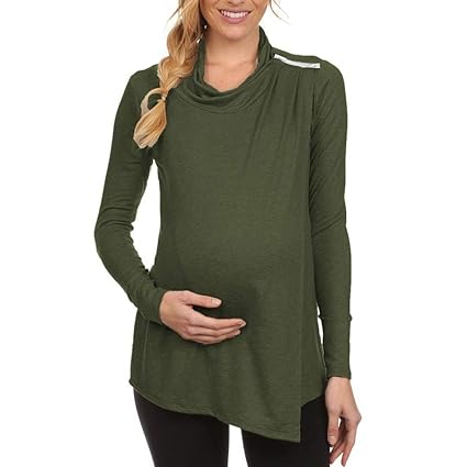Mutterschaft Designer Cowl Neck Umstandsmode T-Shirt Offene Front Langarmshirt Pullover Stillshirt Stilltop Schwangerschaft D