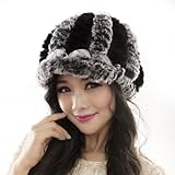 URSFUR Women Winter Fur Knit Crochet Hat Girls Warm Rabbit Peaked Baseball Cap (Gray & black)