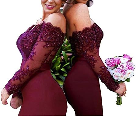 CCBubble Burgundy Lace Mermaid Bridesmaid Dresses Long Sleeves Formal Party Dress-6