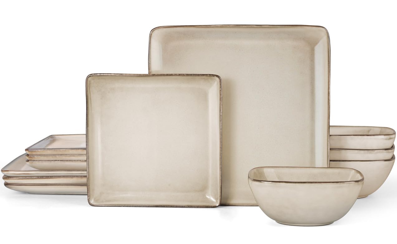 Photo 1 of *** PARTIAL SET *** Herogo Stoneware Plates and Bowls Sets for 4, 12 Pieces Modern Square Dinnerware, Reactive Glaze Dishes Set for Kitchen, Chip Resistant, Microwave & Dishwasher Safe, Cream Khaki