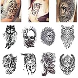 COKOHAPPY 8 Sheets Large Temporary Tattoo Half Arm Extra Sleeve Elephant, Dead Skull, Lion, Owl, Dragon, Tiger, Wolf for Guys Man Shoulder Chest Back