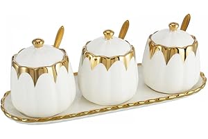 Magnitt Porcelain Condiment Jar Spice Container with Lids, Spoon and Tray, Set of 3,Modern Spice Box Seasoning Jar for Your Home, Kitchen, Counter (White gold)