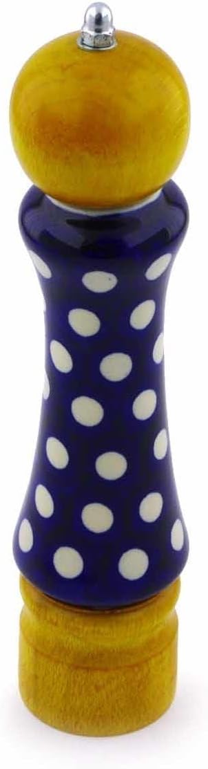 Polish Pottery 8¼-inch Pepper Grinder (Polka Dot Theme) + Certificate of Authenticity