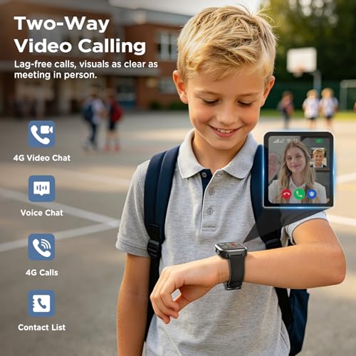 Nuevo 4G Reloj Inteligente Niño con Videollamada & GPS, Smartwatch Niños con SOS, Chat de Voz, Modo Escuela, Podómetro, Despertador, Monitor de Sueño IP68 Impermeable Regalo para Niños Niñas, Negro