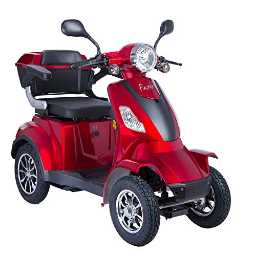 4 Wheel Electric Mobility Scooter/Travel e-Scooter 1000W USB Charger, Bottle Holder (RED)