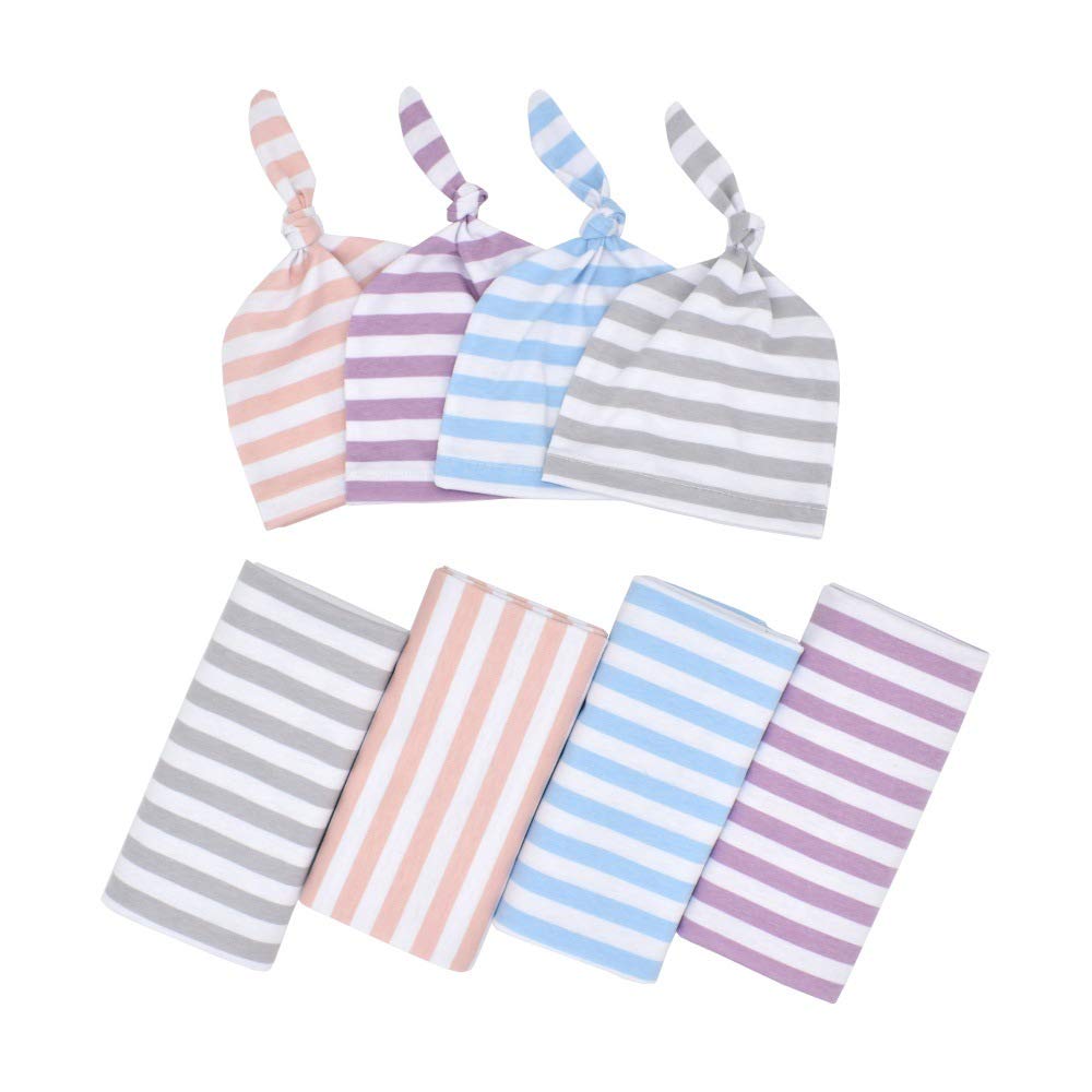 4Pack Newborn Infant Baby Striped Swaddle Blanket with Hat Baby Hospital Cotton Soft Blanket Sleeping Bag Wrap Set for Newborn Girl and Boy,Great for Home or Hospital (4Pack)