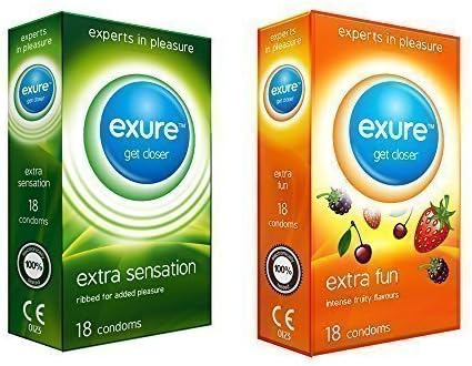 Exure Ribbed and Flavoured condoms, 18 of each (36) - 100% electronically tested, CE0123 certified by Exure
