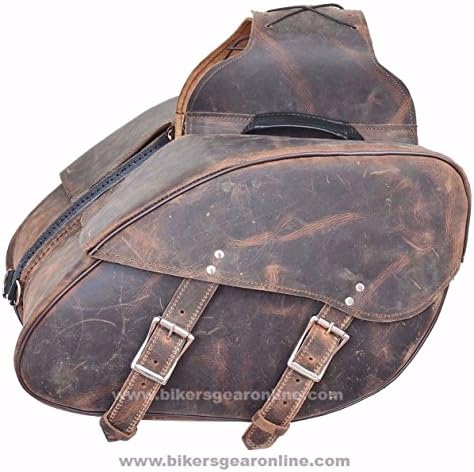 Unik International TWO PIECE REAL LEATHER MOTORCYCLE BIKE SADDLEBAG DISTRESSED BROWN VINTAGE LOOK