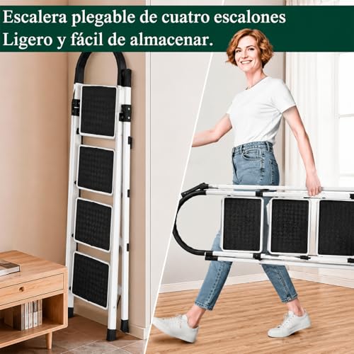 Unicame Escalera Plegable para Casa,Escalera Plegable 4 Peldaños,Diseño Antideslizante,Diseño de Cierre de Seguridad,Escalera Tubular,Escalera de Tijera,para Hogar Oficina Almacén-Negro (Blanco)
