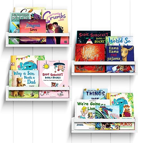 Ollieroo Set of Four Floating Book Shelves for Wall, Nursery Book Shelf for Kids Room, Bamboo Wood Hanging Bookshelf for Baby Teen Boys Girls, Wall Mounted Shelves for Bedroom Bathroom Decor(White)