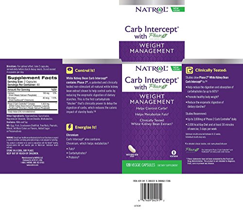 Natrol Carb Intercept with Phase 2 Carb Controller Capsules, White Kidney Bean Extract, Helps Control Carbs, Helps Metabolize Fats, Clinically Tested, Promotes Healthy Body Weight, 1,000mg, 120 Count - Thumbnail 3