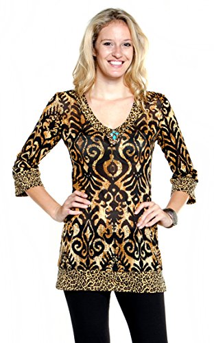Joyous & Free – Gold Mine, 3/4 Sleeve Tunic Mini Dress with V-Neck Collar