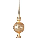 HappySpot Glass Spherical Christmas Tree Topper Finial Christmas Ornaments with Carved Flowers Holiday Indoor Suitable for Home Party Decoration, 9.8inches, Golden