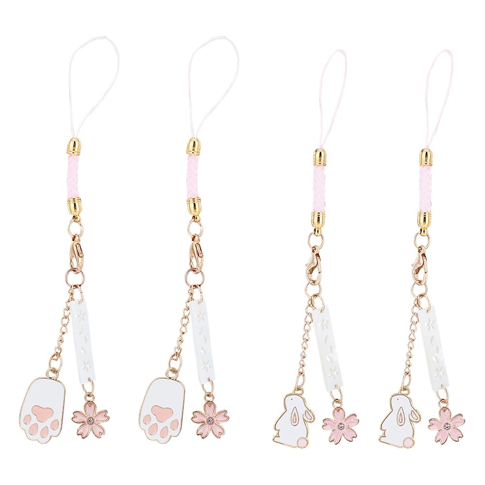 OLYCRAFT 4Pcs Japanese Sakura Phone Charms Straps Phone Pendant Decorations Cute Phone Straps with Rabbit Cat Paw Pendants Keychain Phone Accessory for Mobile Phone Keychain Decorations