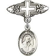 Sterling Silver Baby Badge with St. Robert Bellarmine Charm and Badge Pin with Cross 1 X 3/4 inches