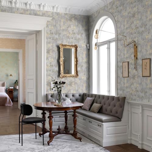 Textured Wallpaper, Distressed Concrete Adhesive Wallpaper, 44cm x 300cm, White Gold Gray Metallic Non-Woven Wall Paper, Modern Neutral Design for Bedroom and Home Decor