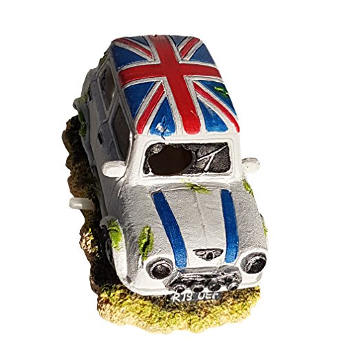 Mini White Automobile With Union Jack Roof Aquarium Ornament With Bubbler Attachment