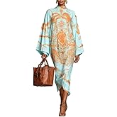 Women's Boho Midi Dress with Long Sleeves, Flowy Bell Sleeve Casual Summer Dress, Vintage Printed Loose Fit Dress