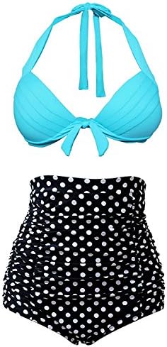 Zachaomero Vintage Light BLue Top Black White Polka Bottom High Waisted Bikini Swimsuits Bathing Suit XL(US8-10)
