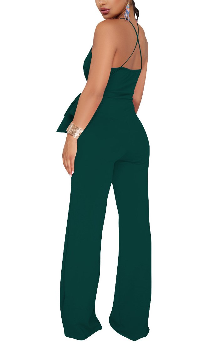 Annystore Women\'s Solid Color Drawstring Waist Casual Sleeveless One Piece Jumpsuits Rompers with Pockets (Dark Green03, Medium)