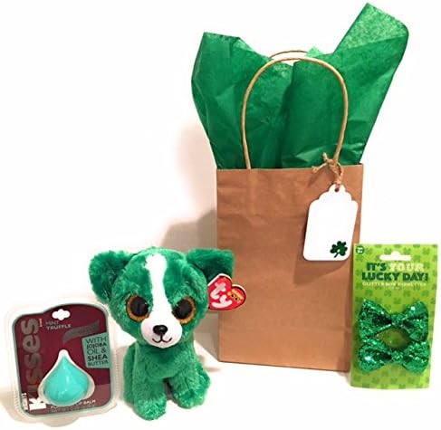 Ty Beanie Boos St. Patricks Day Gift Set with 6" Exclusive Dog Dill, Hersheys Kisses Truffle Lip Balm and A Pair of Glitter Bow Hair Barrettes Complete with Gift Bag, Tissue Paper &amp; Shamrock Tag