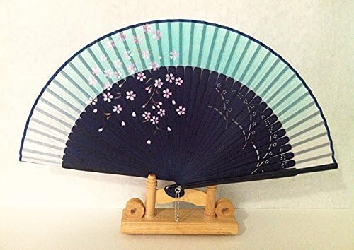 Asian Chinese Bamboo Handheld Hand Folding Silk Fan in Cherry Blossom Design with leaf pattern carving on Bamboo Ribs Turquoise Green Fabriccolor