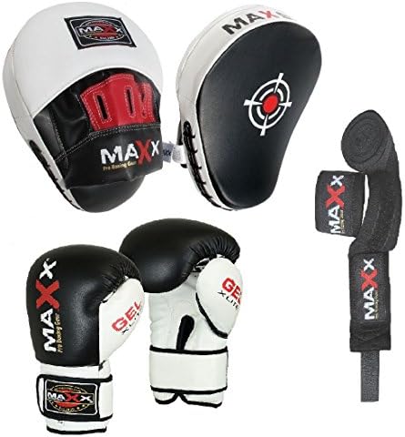 Blk/White Curved Focus pads, Hook & Jab Pads with Gloves & FREE hand wraps