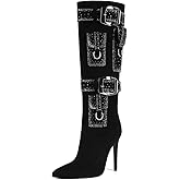 Pomoxikn Knee High Boots Women Stiletto Heels Pointed Toe High Heel Fashion Boots Sexy Tall Boots with Buckle Straps Suede Black Rhinestone 9.5