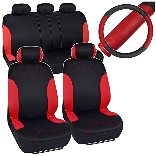Sport Red Car Seat Covers Auto Comfort on Black PU Leather Steering Wheel Cover