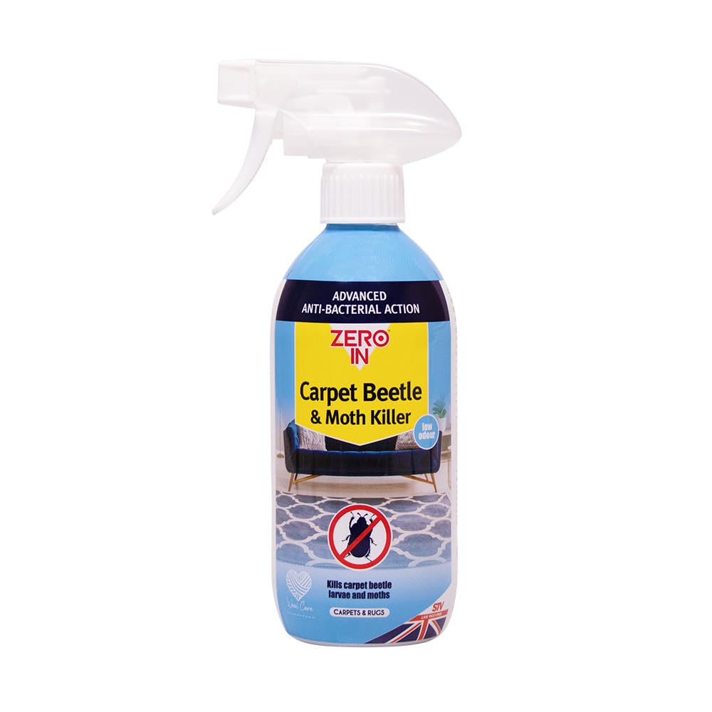 Zero In Carpet Beetle & Moth Killer - 500 ml Spray Ready to Use Formulation Kills Carpet Beetles, Moths and the Germs they Carry Water-based Prevents Allergies and Reinfestation
