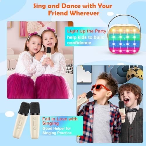 Microfone de Karaoke para crianças, microfones sem fios para Karaoke 2 para crianças, altifalante Bluetooth portátil com efeitos de mudança de voz e luzes LED, para festas, presentes de aniversário e brinquedos educativos