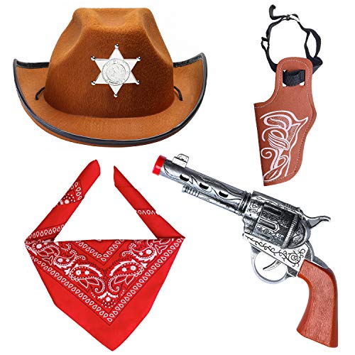 Beefunny Western Cowboy Costume 3 Pieces Set Fancy Dress Cowboy Hat, Bandana & Gun and Holster Set Wild West Accessory Brown - Thumbnail 5