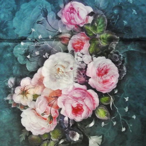 Wrapables Luxurious 100% Charmeuse Silk Floral Painting Long Scarf with Hand Rolled Edges, Peonies on Teal