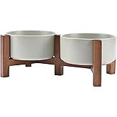 SPUNKYJUNKY Ceramic Dog Bowls with Acacia Wood Stand - Raised Dog Food and Water Bowl Set for Medium Dogs (28.74 OZ, Gray)