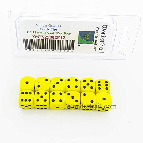 Yellow Dice Black Pips D6 12mm (1/2in) Pack of 12 Wondertrail WCX25802E12