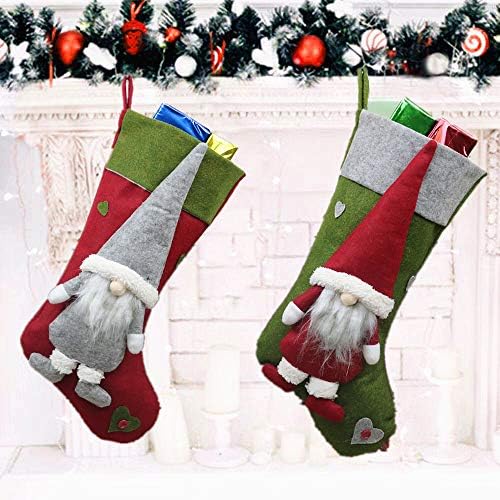 Tebrun Christmas Stockings, 18" Classic Large Christmas Stocking 2 Pcs Plush Doll Stockings Fireplace Hanging Socks Family Holiday Xmas Party Decorations