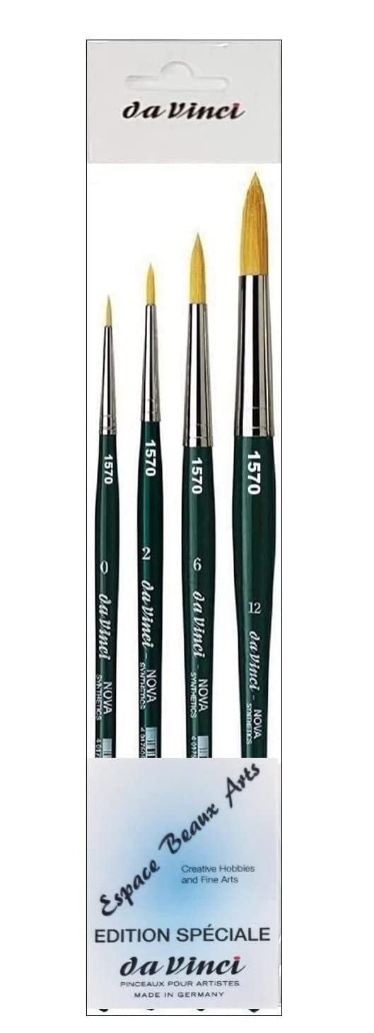 DaVinci ESPACE BEAUX ARTS Da Vinci Serie 1570 Nova Synthetic Brush Round, Set 4pcs, no. 0,2,6, 12. for Watercolor, Oil and Acrylic Painting,Made in Germany