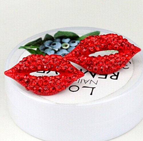 Fashionable Cute Sparkling Red Crystal Embellished Lips Kiss Stud Earrings for girls, teens and women (Red)