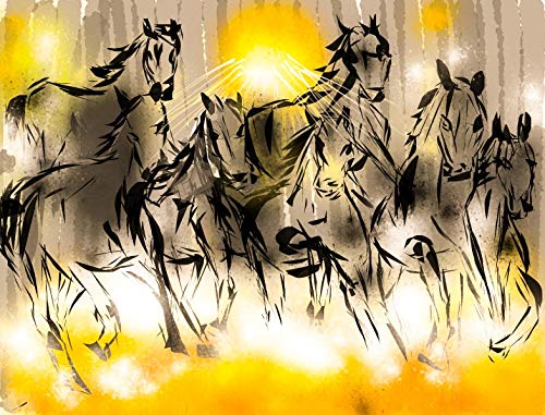 SHSumbul SHSWorks Fengshui - Seven Horses 23x30 (Inch) Wall Art Canvas Painting Signed By Artist For Living Room Bedroom Home & Office Decor Copyright Protected Artwork (Unframed Digital Reprint)